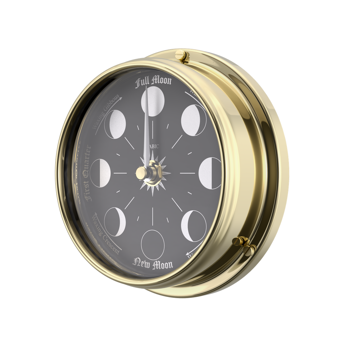 Homeware product render: Brass moon-phase wall clock