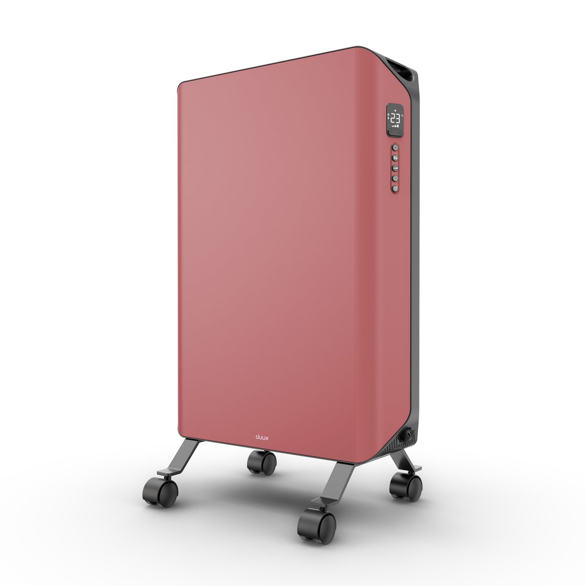 Dusty pink electric panel heater, three-quarter view