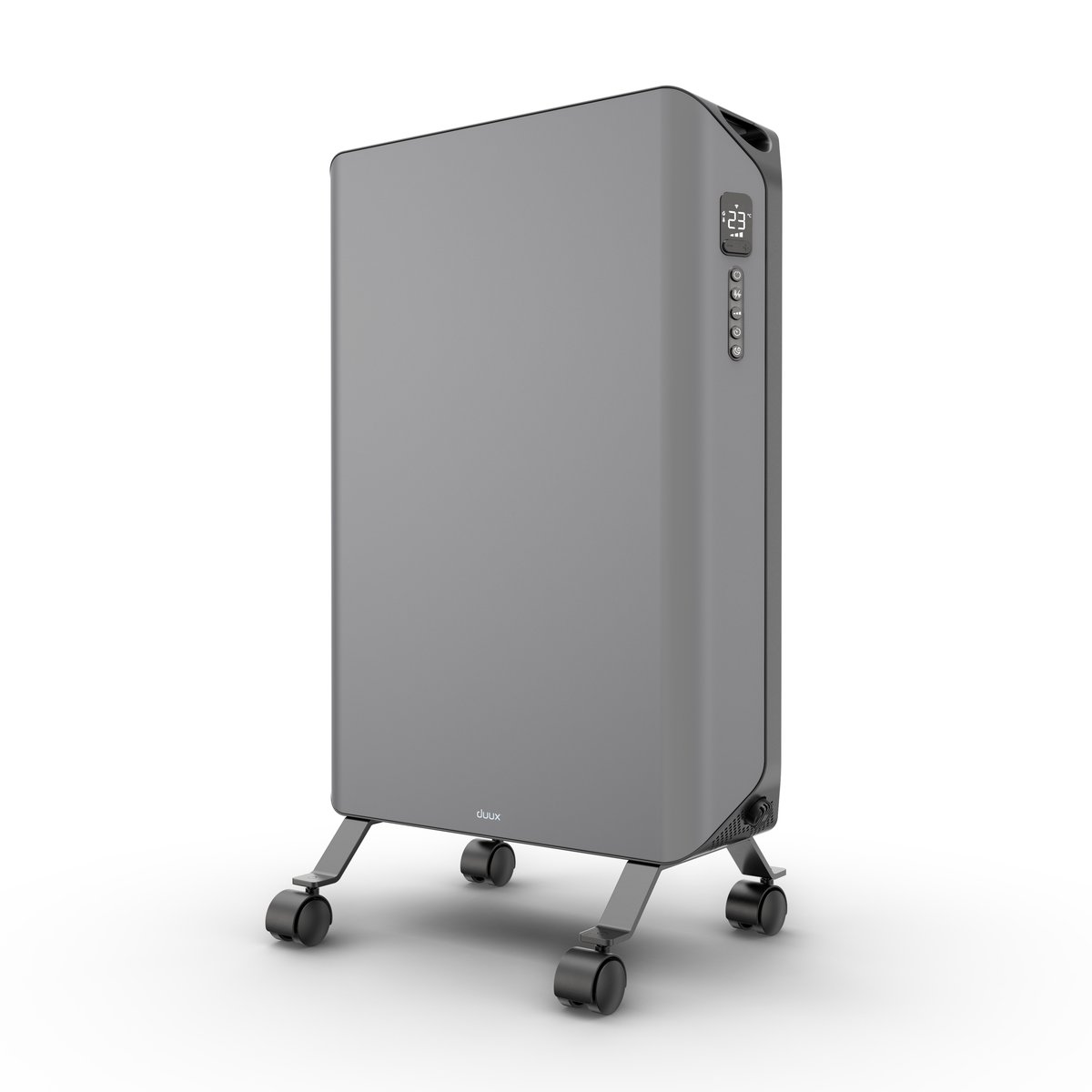 Grey electric panel heater, three-quarter view